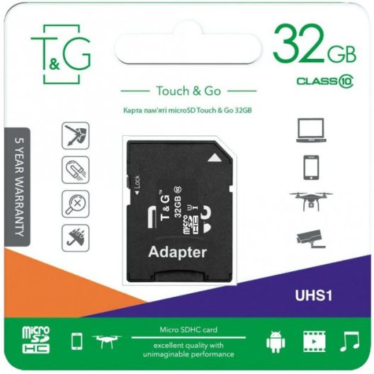 Купить КАРТА ПАМЯТИ T&G MICROSDHC 32GB UHS-1 10 CLASS & ADAPTER