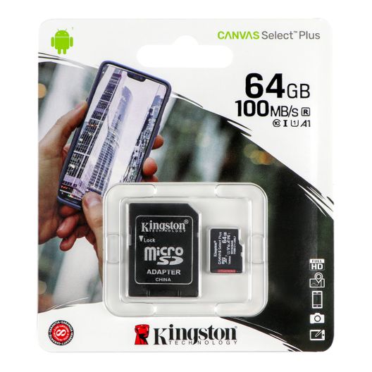 Купить КАРТА ПАМЯТИ KINGSTON CANVAS SELECT PLUS MICROSDXC (UHS-1) 64GB 10 CLASS & ADAPTER