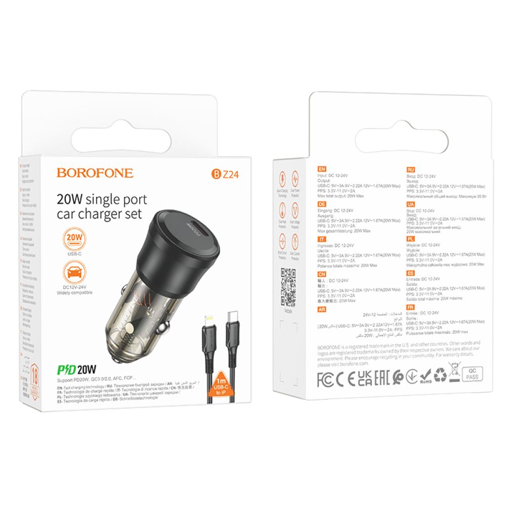 Купить АВТО ЗАРЯДНОЕ УСТРОЙСТВО BOROFONE BZ24 1USB-C QC/PD20W+TYPE-C TO LIGHTNING