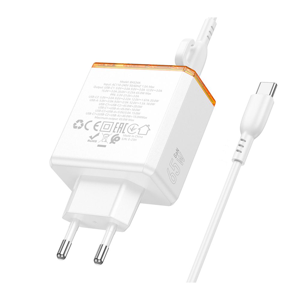 Купить СЕТЕВОЕ ЗАРЯДНОЕ УСТРОЙСТВО BOROFONE BAS34A 2TYPE-C/1USB PD/QC 65W TYPE-C TO TYPE-C_5