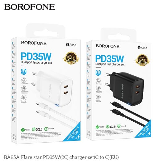 Купить СЕТЕВОЕ ЗАРЯДНОЕ УСТРОЙСТВО BOROFONE BA85A 2USB-C PD/QC 35W+TYPE-C TO TYPE-C