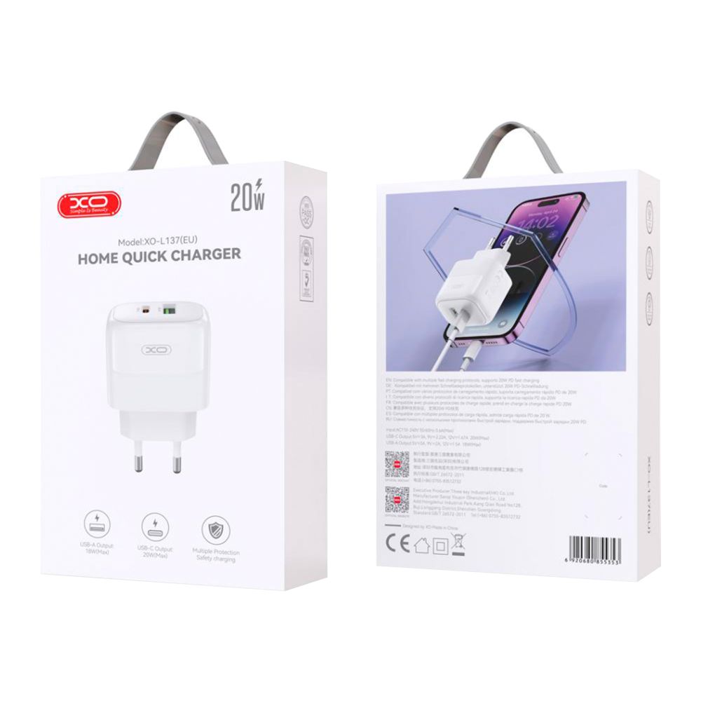 Купить СЕТЕВОЕ ЗАРЯДНОЕ УСТРОЙСТВО XO L137 1USB-C/1USB PD/QC 20W