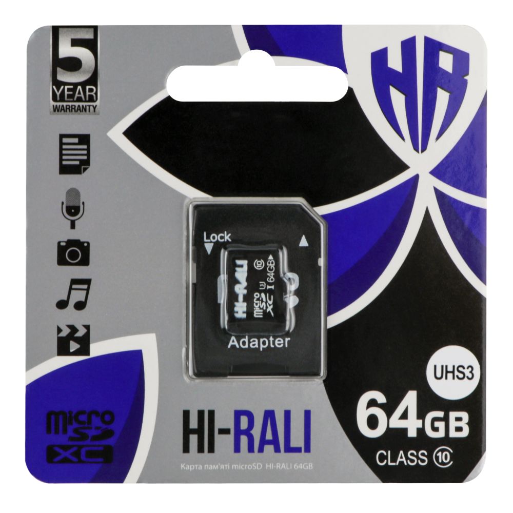 Купить КАРТА ПАМЯТИ HI-RALI MICROSDXC 64GB UHS-3 10 CLASS & ADAPTER