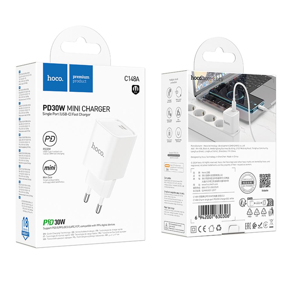 Мережевий Зарядний Пристрій Hoco C148A 1USB-C PD/QC 30W зображення 1