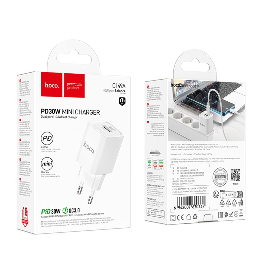 Мережевий Зарядний Пристрій Hoco C149A 1USB/1USB-C PD/QC 30W зображення 1