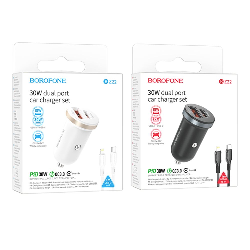 Купить АВТО ЗАРЯДНОЕ УСТРОЙСТВО BOROFONE BZ22 1USB/1USB-C QC/PD30W+TYPE-C TO LIGHTNING_1