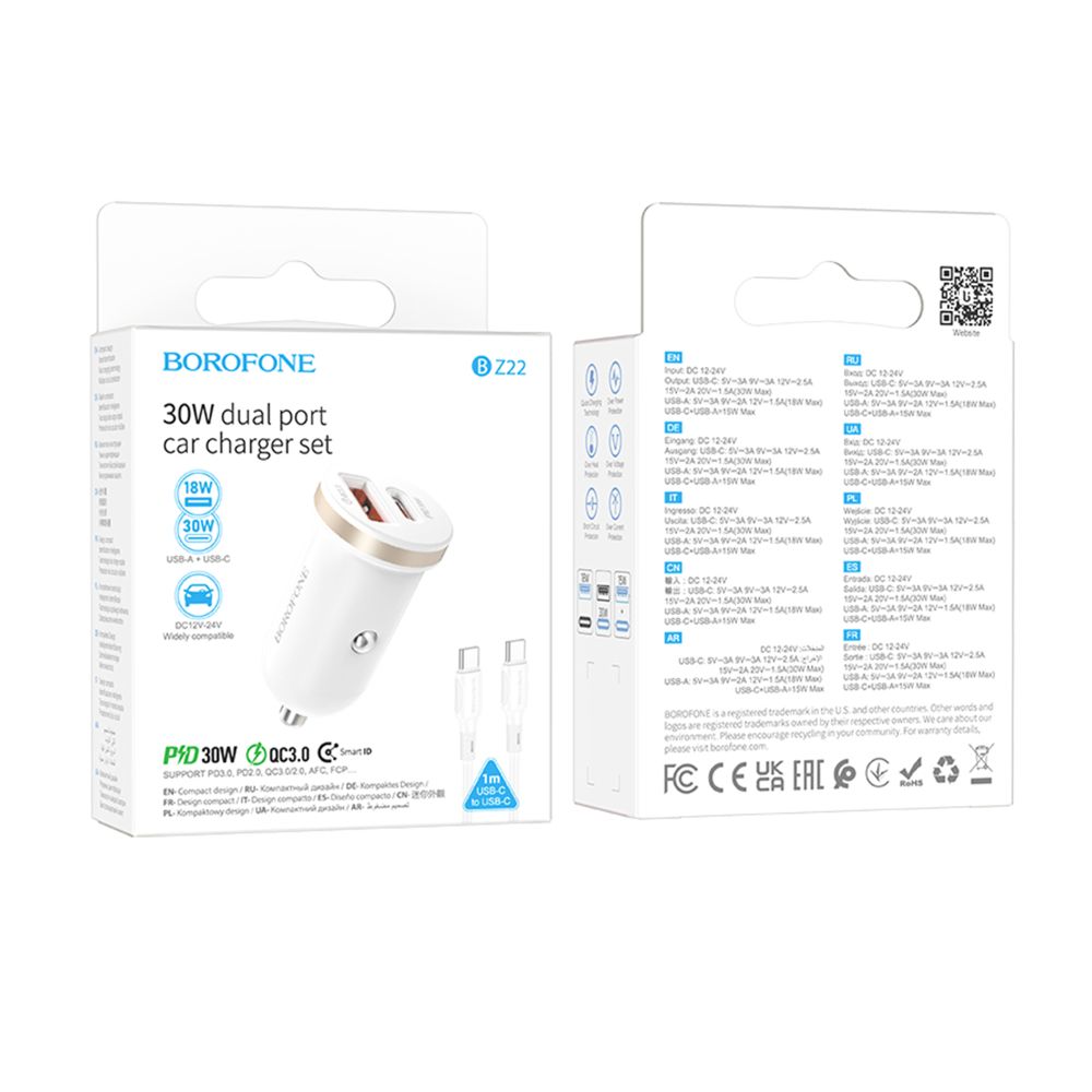 Купить АВТО ЗАРЯДНОЕ УСТРОЙСТВО BOROFONE BZ22 1USB/1USB-C QC/PD30W+TYPE-C TO TYPE-C_1