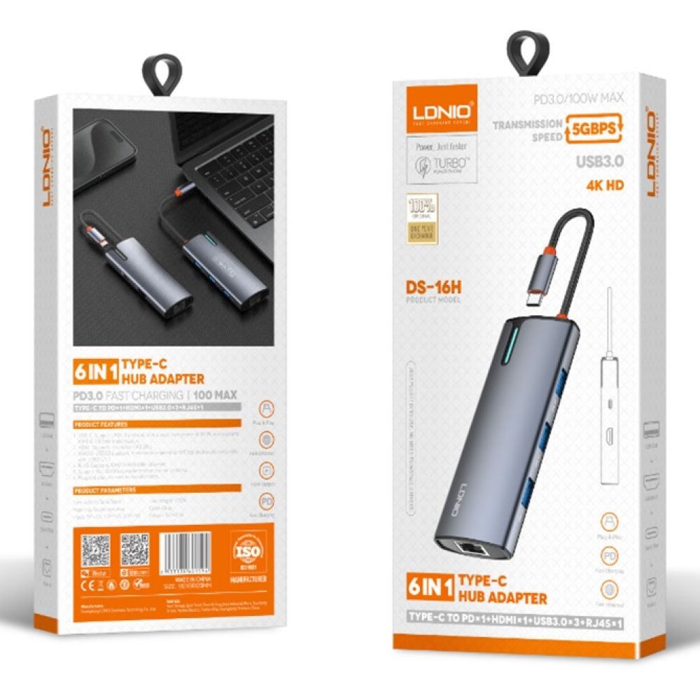 Купить USB HUB LDNIO DS-16H TYPE-C TO PD*1(100W)+HDMI*1(4K@30HZ)+USB3.0*3+RJ45*1(1GBPS)