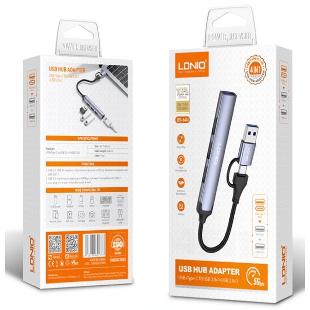 Купить USB HUB LDNIO DS-64U USB-A+TYPE-C TO USB3.0*1+USB2.0*3