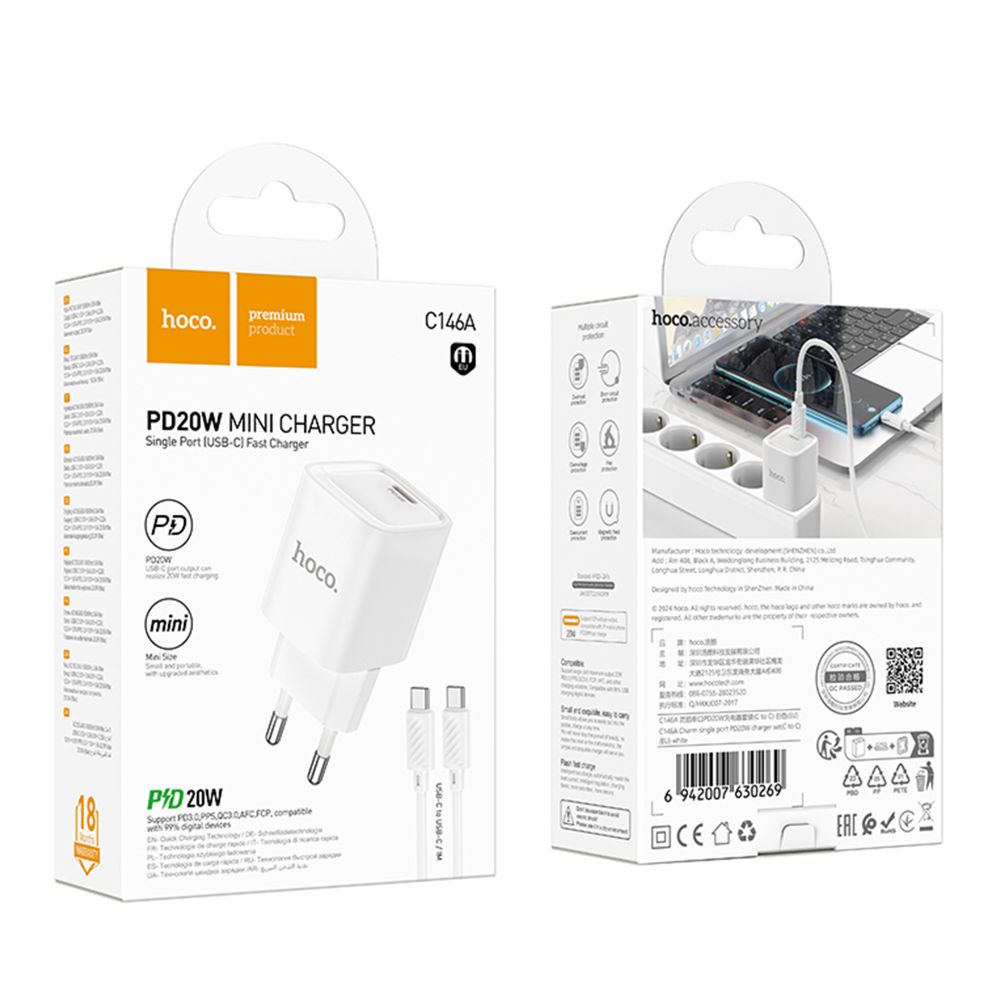 Купить СЕТЕВОЕ ЗАРЯДНОЕ УСТРОЙСТВО HOCO C146A 1USB-C PD/QC 20W+TYPE-C TO TYPE-C_1