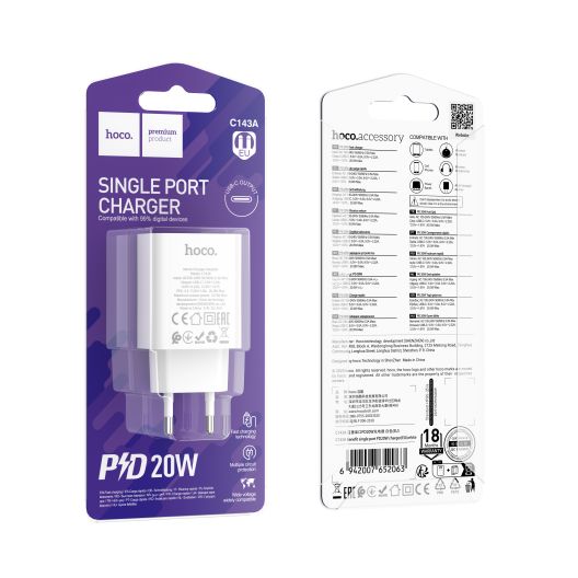 Купить СЕТЕВОЕ ЗАРЯДНОЕ УСТРОЙСТВО HOCO C143A 1USB-C PD/QC 20W