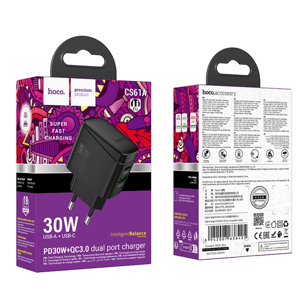 Мережевий Зарядний Пристрій Hoco CS61A 1USB/1USB-C PD/QC 30W зображення 1