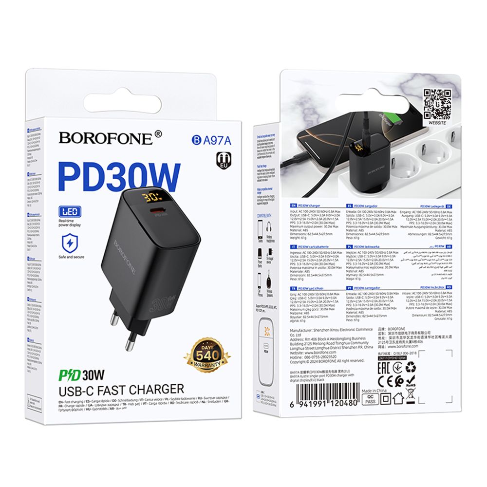 Купить СЕТЕВОЕ ЗАРЯДНОЕ УСТРОЙСТВО BOROFONE BA97A 1USB-C PD/QC 30W LED DISPLAY_1