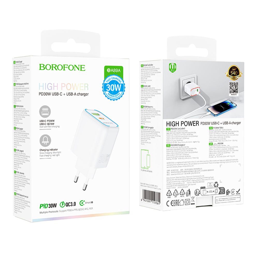 Мережевий Зарядний Пристрій Borofone BA89A 1USB-C/1USB PD/QC 30W зображення 1