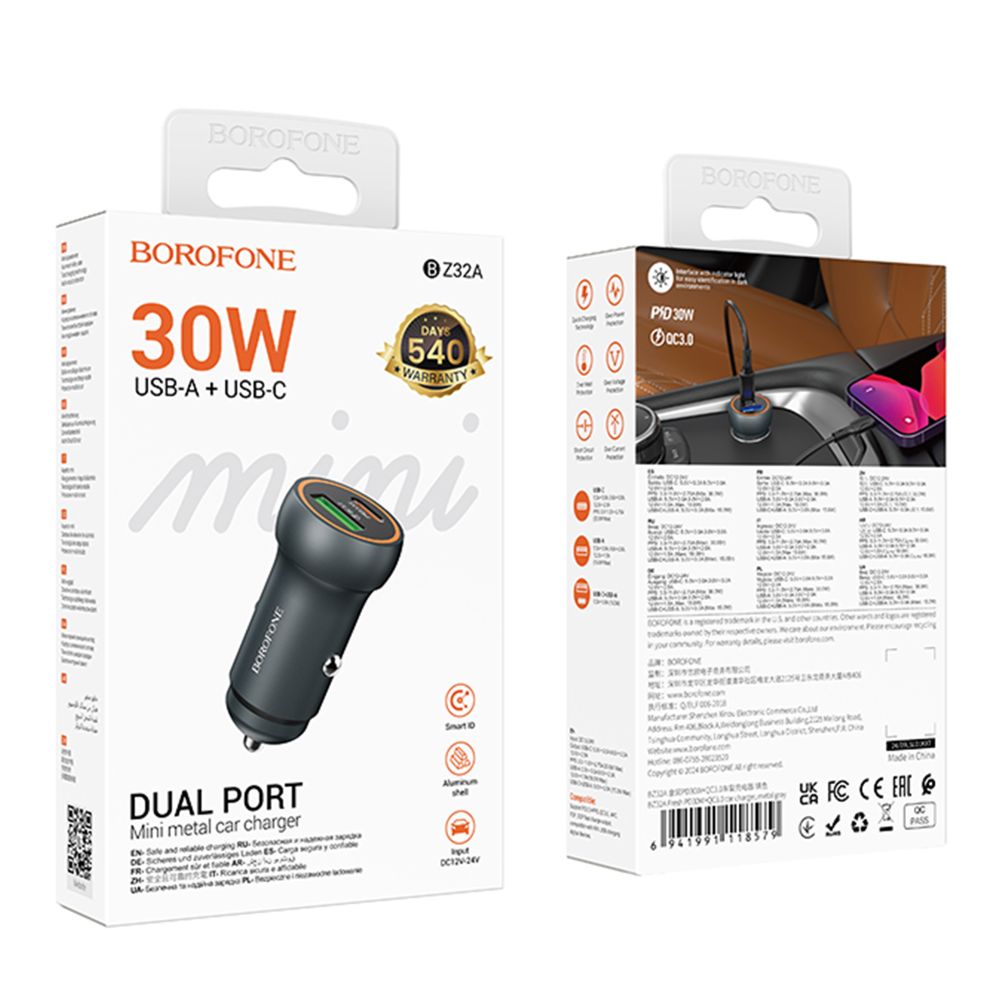 Купить АВТО ЗАРЯДНОЕ УСТРОЙСТВО BOROFONE BZ32A 1USB/1USB-C QC/PD30W_1