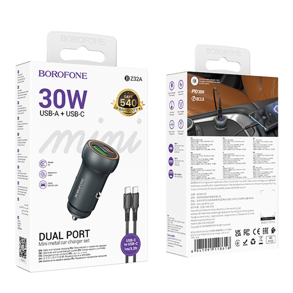 Купить АВТО ЗАРЯДНОЕ УСТРОЙСТВО BOROFONE BZ32A 1USB/1USB-C QC/PD30W+TYPE-C TO TYPE-C_1