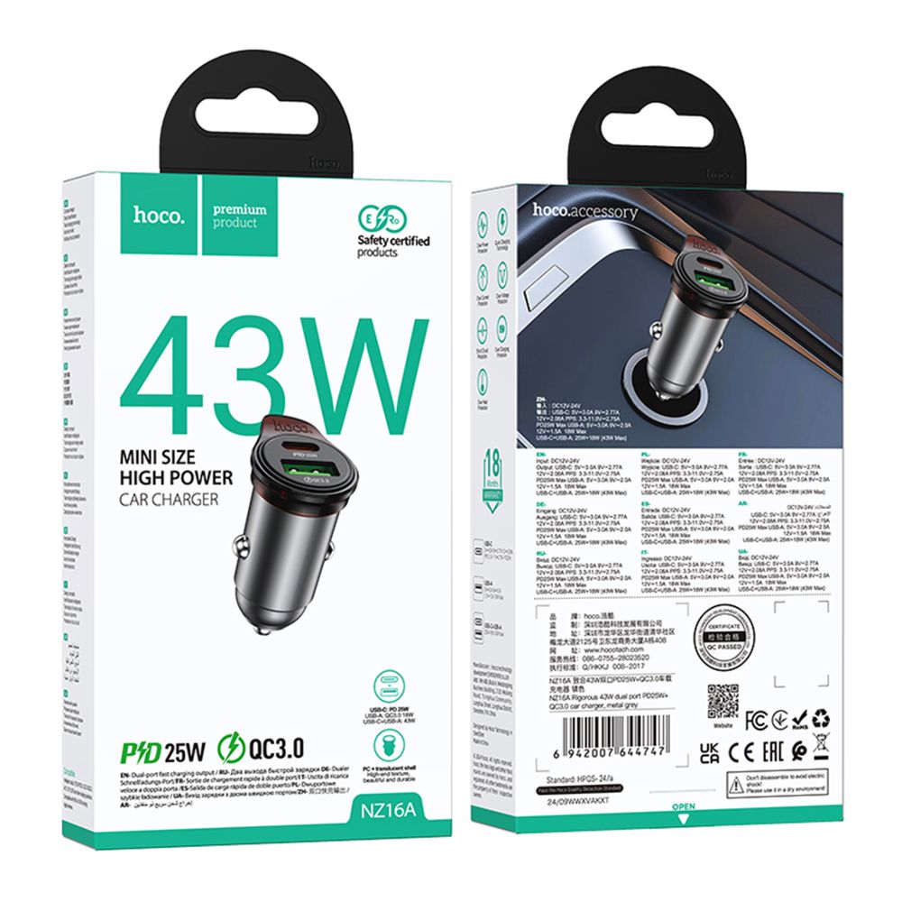 Купить АВТО ЗАРЯДНОЕ УСТРОЙСТВО HOCO NZ16A 1USB-C/1USB QC/PD43W_1