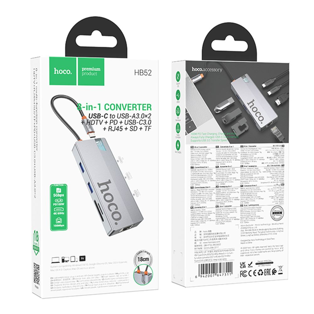 Купить USB HUB HOCO HB52 TYPE-C 8-IN-1 (HDTV+RJ45-100MBPS+SD/TF+PD+TYPE-C3.0+USB3.0*2)_1