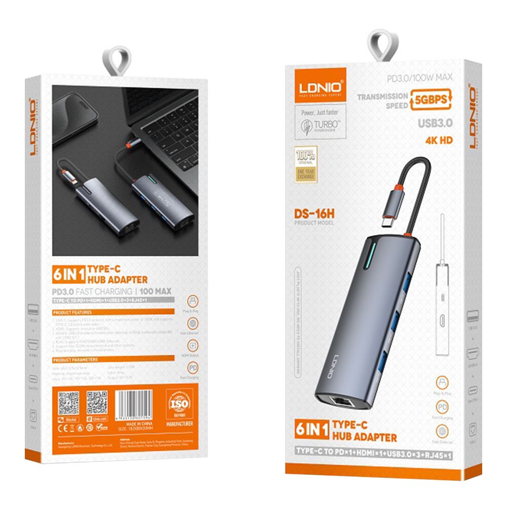 Купить USB HUB LDNIO DS-16H TYPE-C TO PD*1(100W)+HDMI*1(4K@30HZ)+USB3.0*3+RJ45*1(1GBPS)_1