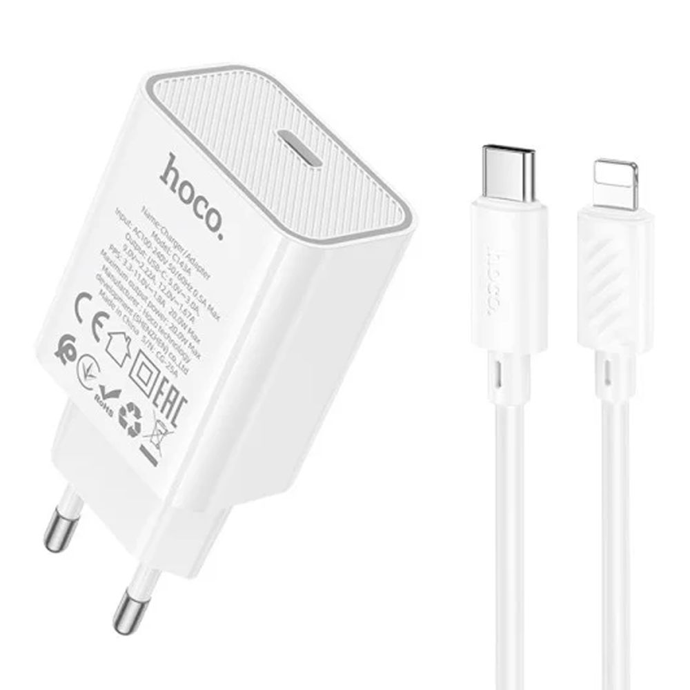 Купить СЕТЕВОЕ ЗАРЯДНОЕ УСТРОЙСТВО HOCO C143A 1USB-C PD/QC 20W+TYPE-C TO LIGHTNING
