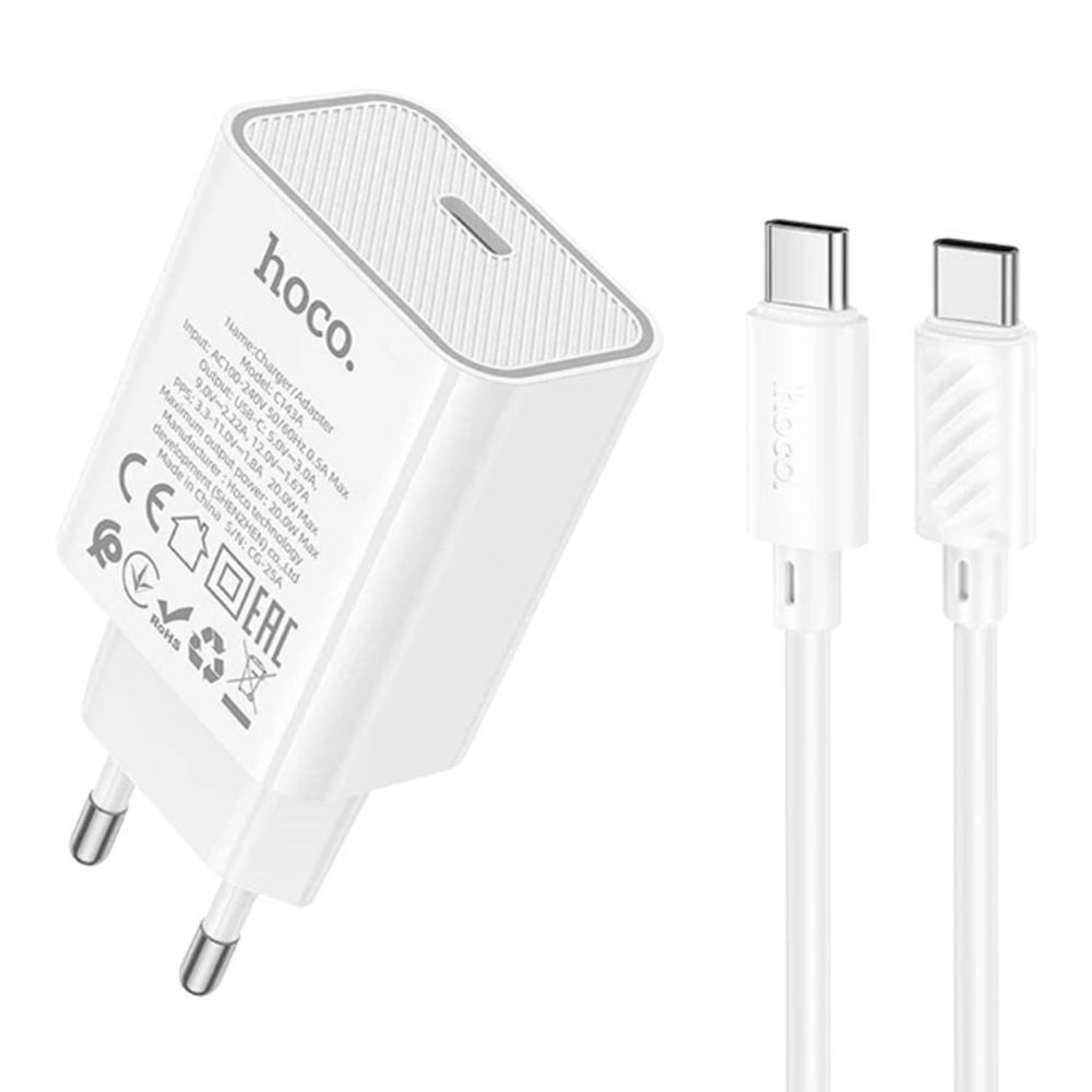Купить СЕТЕВОЕ ЗАРЯДНОЕ УСТРОЙСТВО HOCO C143A 1USB-C PD/QC 20W+TYPE-C TO TYPE-C