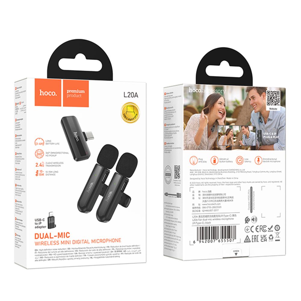 Купить МИКРОФОН ПЕТЛИЧНЫЙ БЕСПРОВОДНОЙ HOCO L20A DUAL-MIC IP/TYPE-C_1