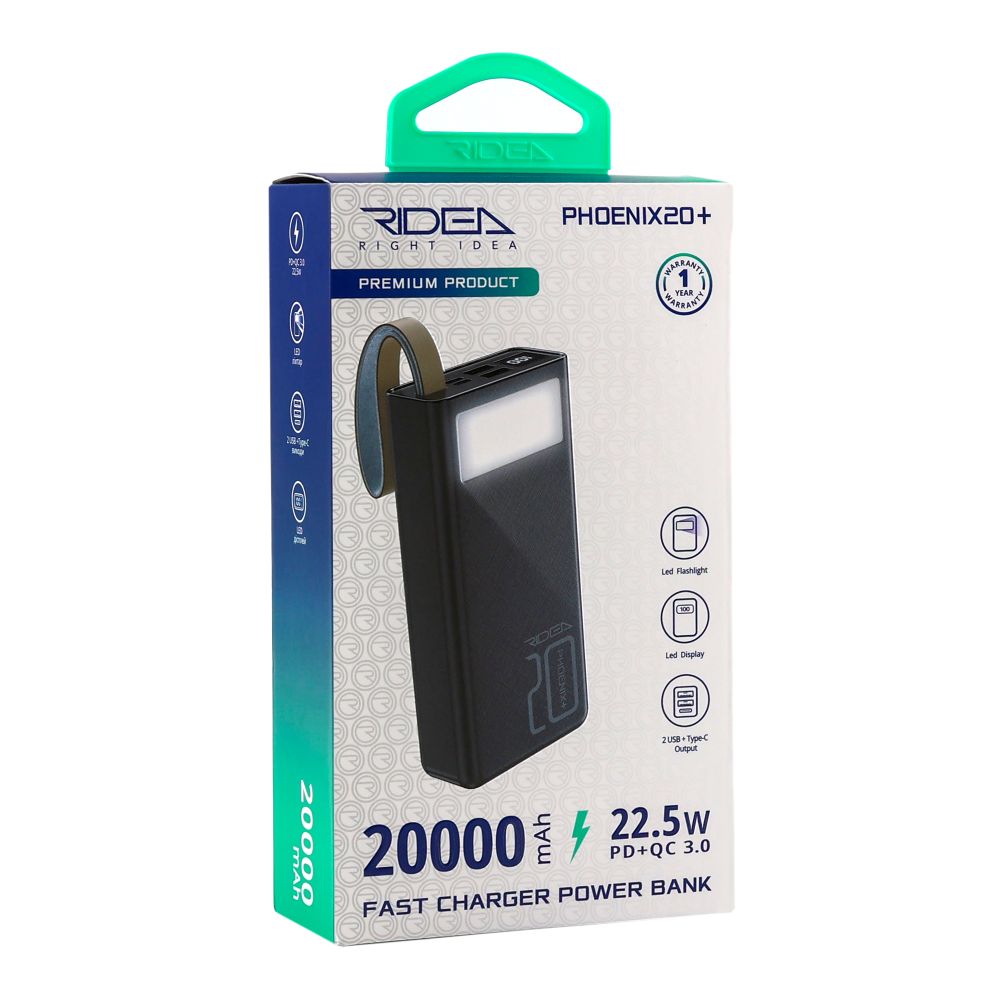 Купить POWER BANK RIDEA RP-D20L+ PHOENIX20+ PD/QC 3.0 20W  DIGITAL DISPLAY + LAMP 20000 MAH_1