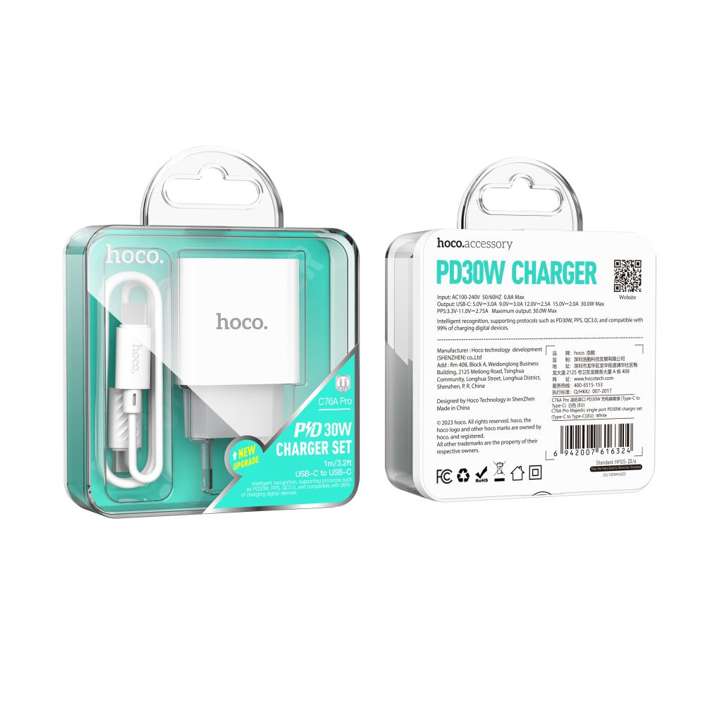 Купить СЕТЕВОЕ ЗАРЯДНОЕ УСТРОЙСТВО HOCO C76A PRO 1USB-C PD/QC 30W+TYPE-C TO TYPE-C МЯТАЯ УПАКОВКА