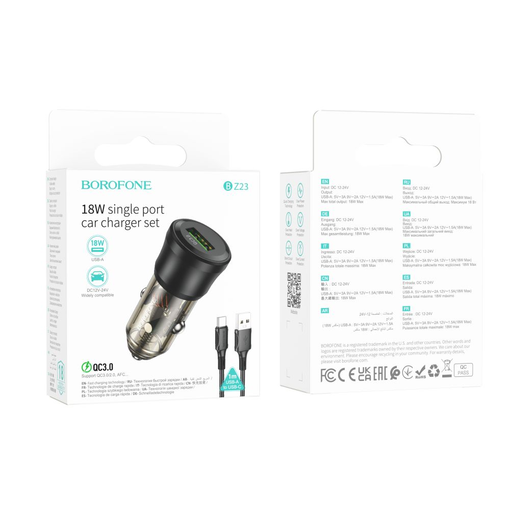 Купить АВТО ЗАРЯДНОЕ УСТРОЙСТВО BOROFONE BZ23 1USB QC18W+TYPE-C МЯТАЯ УПАКОВКА